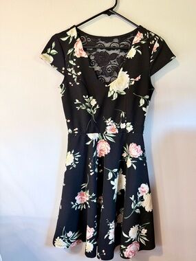 Three Hearts Black Floral Lace-Back Mini Dress